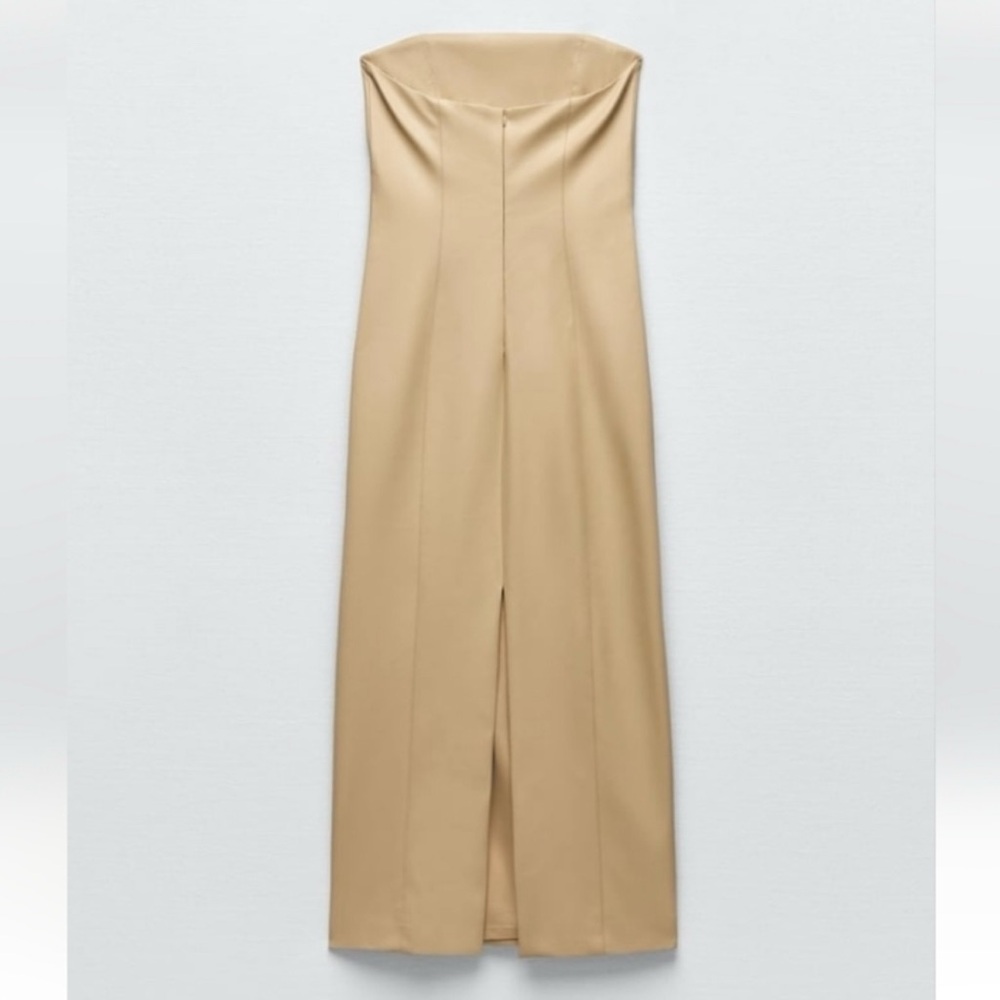 ZARA Faux Leather Strapless Midi Dress Tan Cream Size Med. NWT - Picture 13 of 13